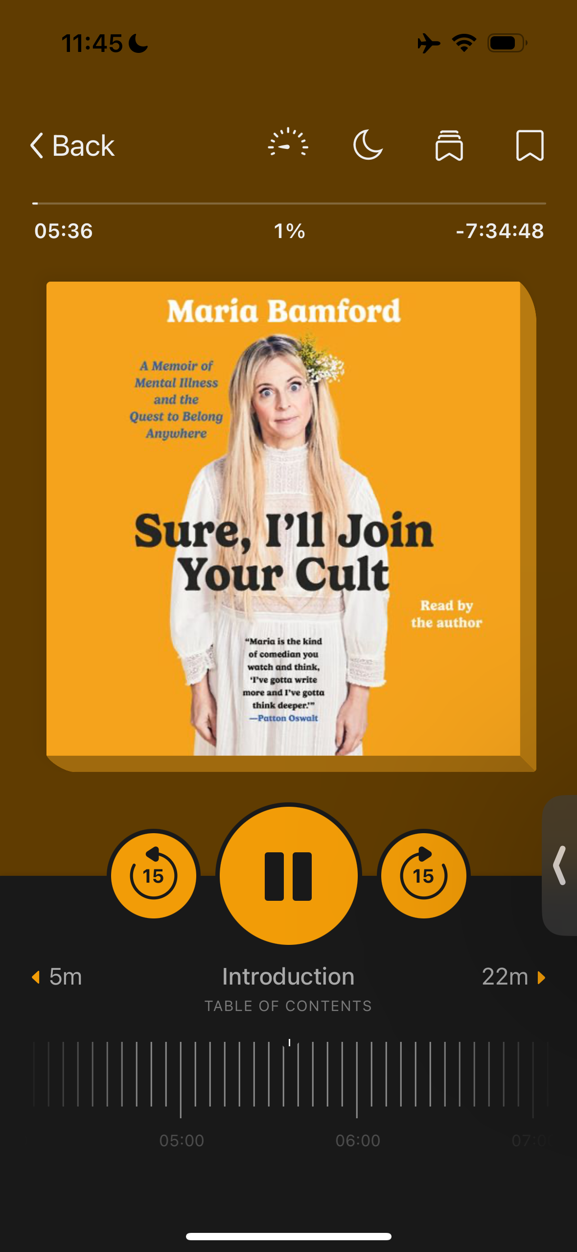 Audiobook player interface showing the cover of "Sure, I'll Join Your Cult" by Maria Bamford, with playback controls and a progress bar.