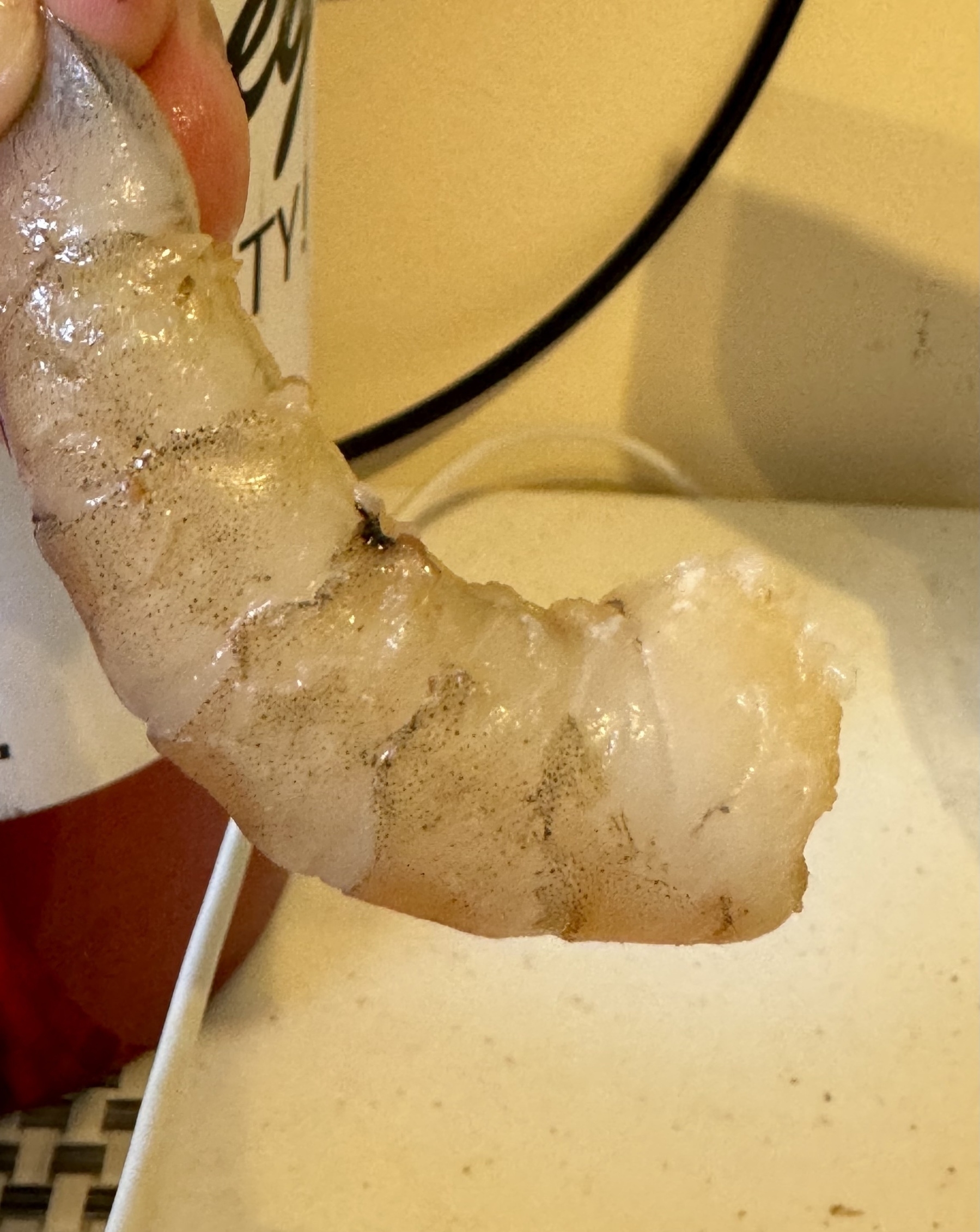 Close up of a sous vide cooked shrimp. It is almost translucent.