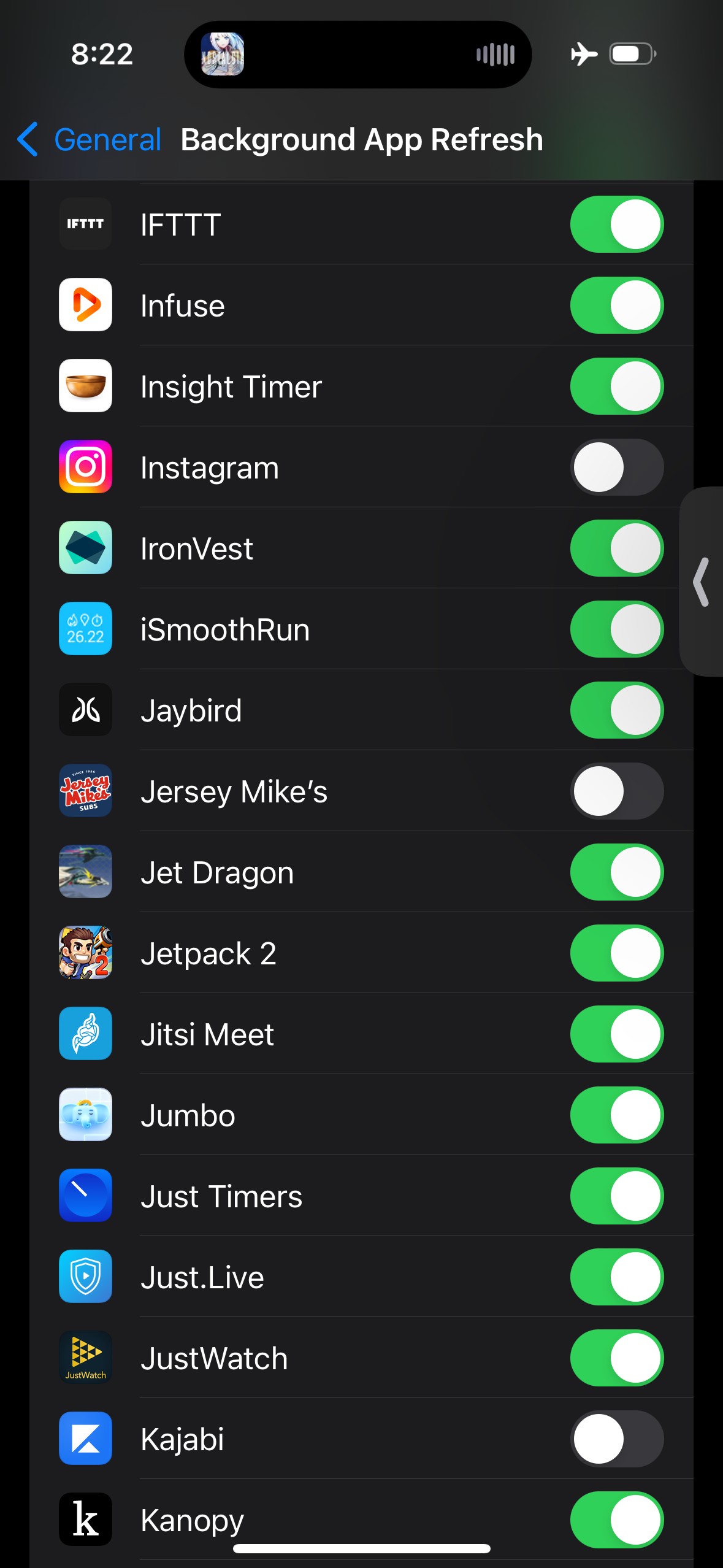 Screenshot of ios settings app showing&10;Instagram has background app refresh turned off