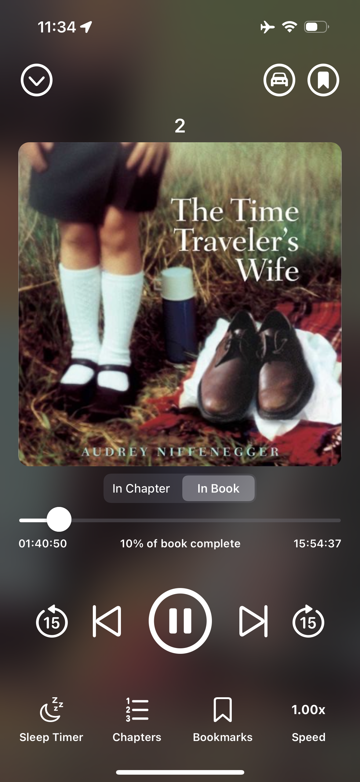 11:34&10;2&10;The Time&10;Traveler's&10;Wife&10;AUDREY NIFENEGGER&10;In Chapter&10;In Book&10;01:40:50&10;10% of book complete&10;15:54:37&10;(15&10;(15)&10;Sleep Timer&10;Chapters&10;Bookmarks&10;1.00x&10;Speed