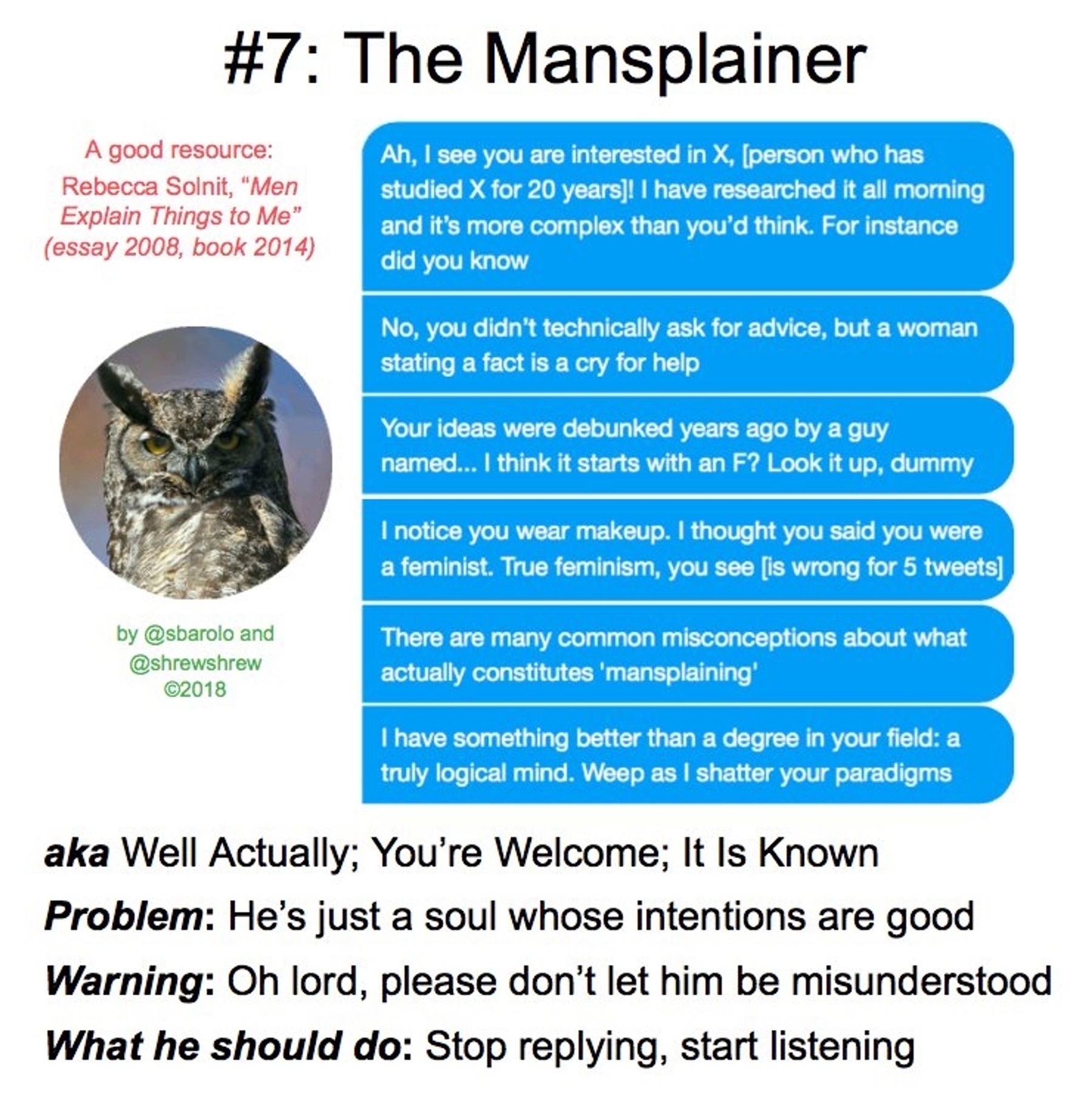 #7: The Mansplainer&10;A good resource:&10;Rebecca Solnit, "Men Explain Things to Me" (essay 2008, book 2014)&10;by @sbarolo and @shrewshrew&10;©2018&10;Ah, I see you are interested in X, [person who has studied X for 20 years]! I have researched it all morning and it's more complex than you'd think. For instance did you know&10;No, you didn't technically ask for advice, but a woman stating a fact is a cry for help&10;Your ideas were debunked years ago by a guy named... I think it starts with an F? Look it up, dummy&10;I notice you wear makeup. I thought you said you were a feminist. True feminism, you see [is wrong for 5 tweets]&10;There are many common misconceptions about what actually constitutes 'mansplaining'&10;I have something better than a degree in your field: a truly logical mind. Weep as I shatter your paradigms&10;aka Well Actually; You're Welcome; It Is Known Problem: He's just a soul whose intentions are good Warning: Oh lord, please don't let him be misunderstood What he should do: Stop replying, start listening