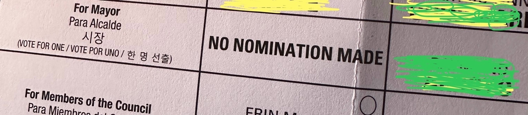 Cropped photo of a mail by vote ballot. No nomination for the Democratic candidate for mayor 