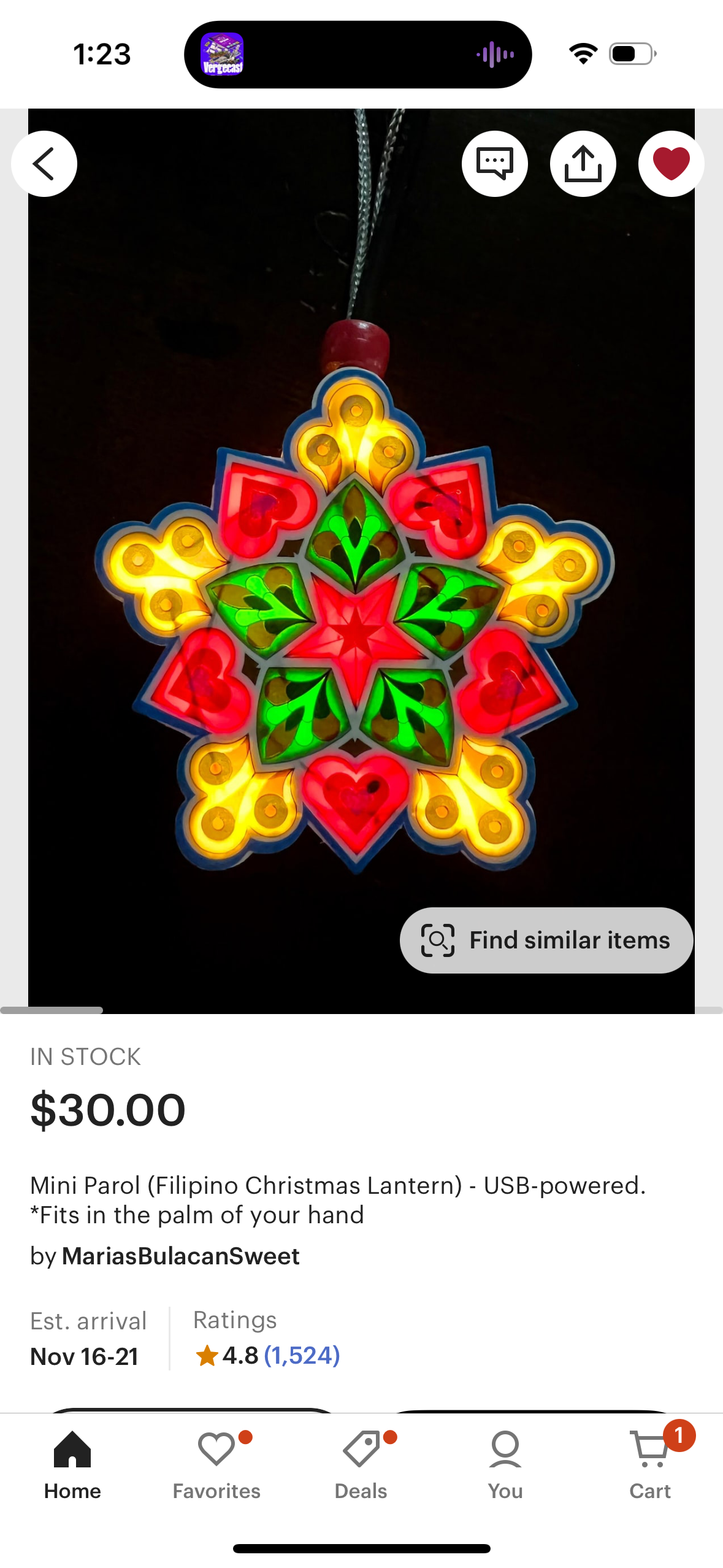 Find similar items&10;IN STOCK&10;$30.00&10;Mini Parol (Filipino Christmas Lantern) - USB-powered.&10;*Fits in the palm of your hand by MariasBulacanSweet&10;Est. arrival&10;Nov 16-21&10;Ratings&10;★4.8（1,524）