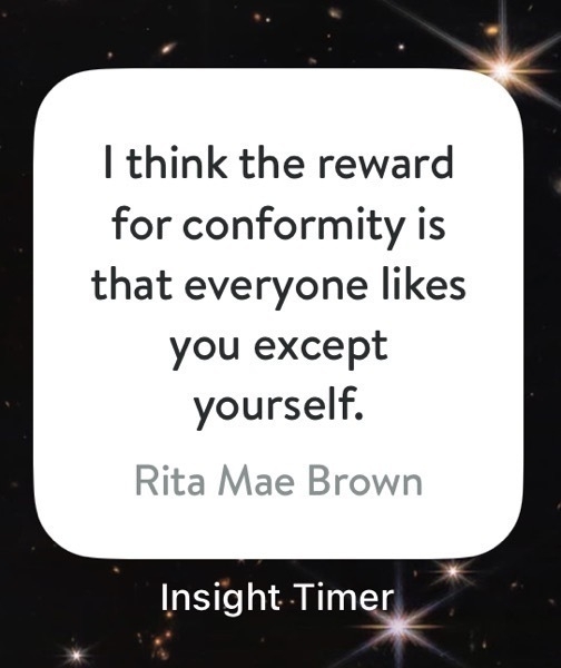 I think the reward for conformity is that everyone likes you except yourself.
Rita Mae Brown Insight Timer