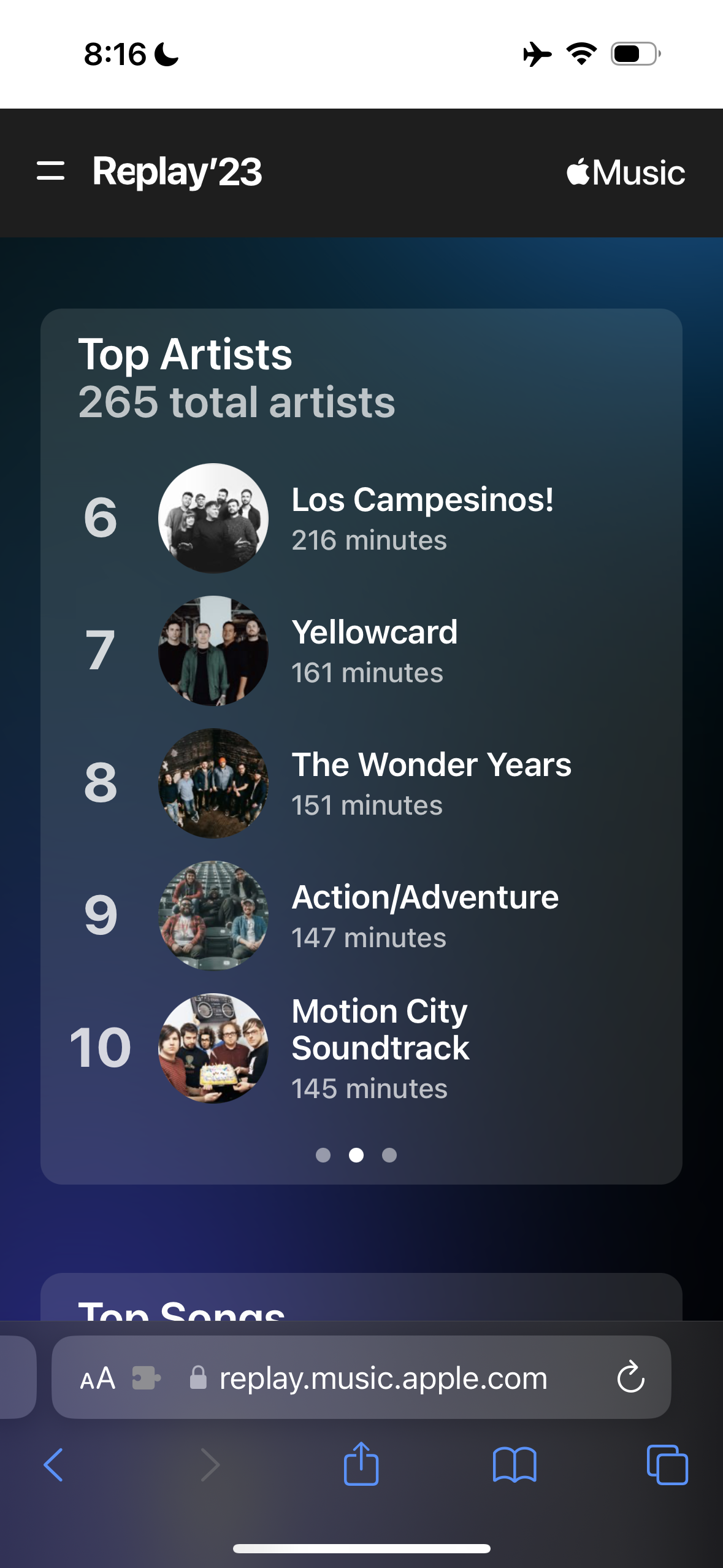 = Replay'23
&10;Music
&10;Top Artists
&10;265 total artists
&10;6
&10;7
&10;8
&10;9
&10;10
&10;Los Campesinos!
&10;216 minutes
&10;Yellowcard
&10;161 minutes
&10;The Wonder Years
&10;151 minutes
&10;Action/Adventure
&10;147 minutes
&10;Motion City
&10;Soundtrack
&10;145 minutes
&10;TAn CAnAC
&10;AA 3 6 replay.music.apple.com