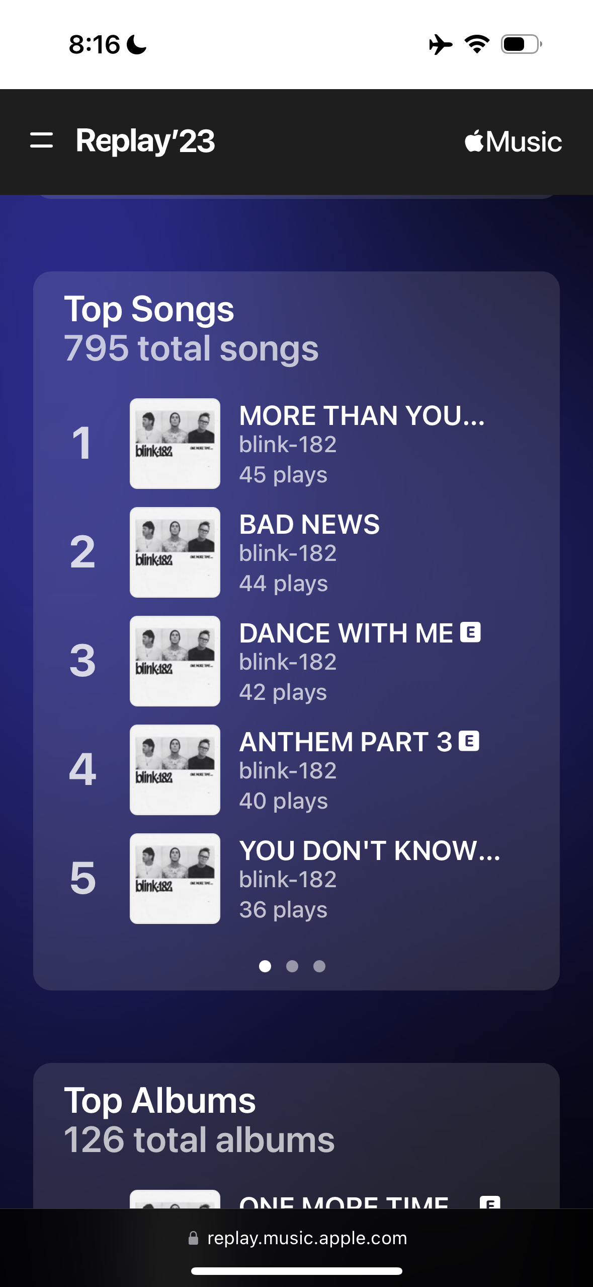 = Replay'23
&10;Music
&10;Top Songs
&10;795 total songs
&10;1
&10;2
&10;4
&10;5
&10;blink182
&10;blink182
&10;blink182
&10;blink182
&10;blink182
&10;MORE THAN YOU...
&10;blink-182
&10;45 plays
&10;BAD NEWS
&10;blink-182
&10;44 plays
&10;DANCE WITH ME E
&10;blink-182
&10;42 plays
&10;ANTHEM PART 3 E
&10;blink-182
&10;40 plays
&10;YOU DON'T KNOW...
&10;blink-182
&10;36 plays
&10;Top Albums
&10;126 total albums
&10;ONE MADE TIME
&10;replay.music.apple.com