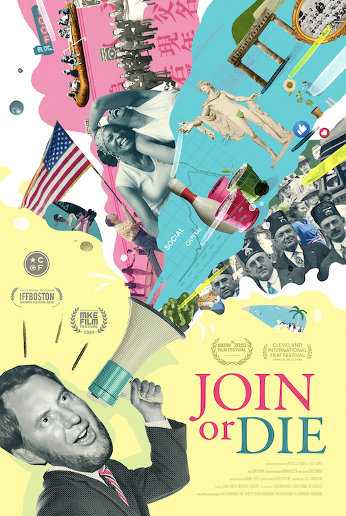 poster for join or die. a man is talking in a bullhorn on the bottom left and what comes out the other end is representations of community and art and togetherness