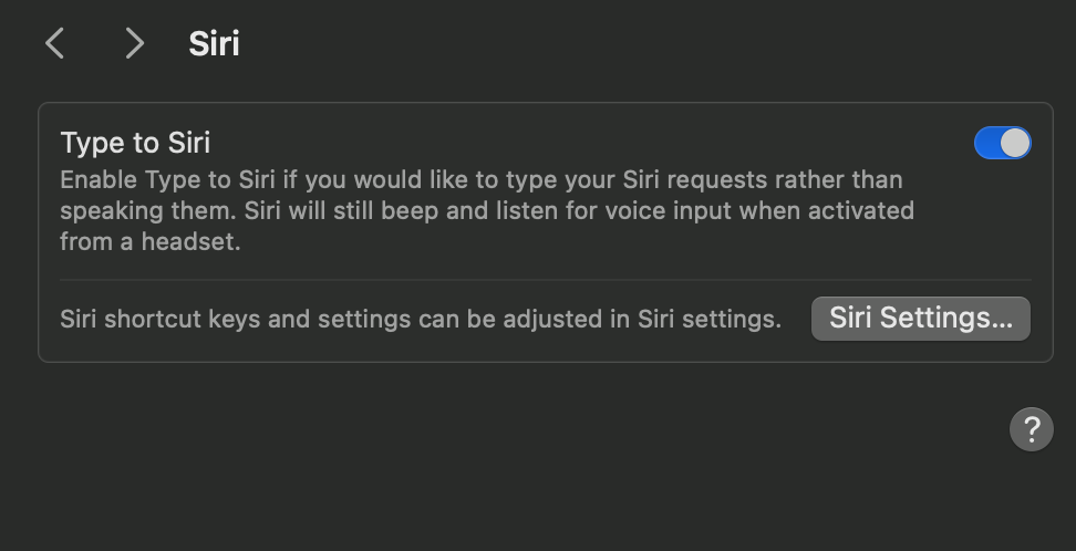 Screenshot of a settings screen for enabling 'Type to Siri' with a description of the feature and a link to additional Siri settings.