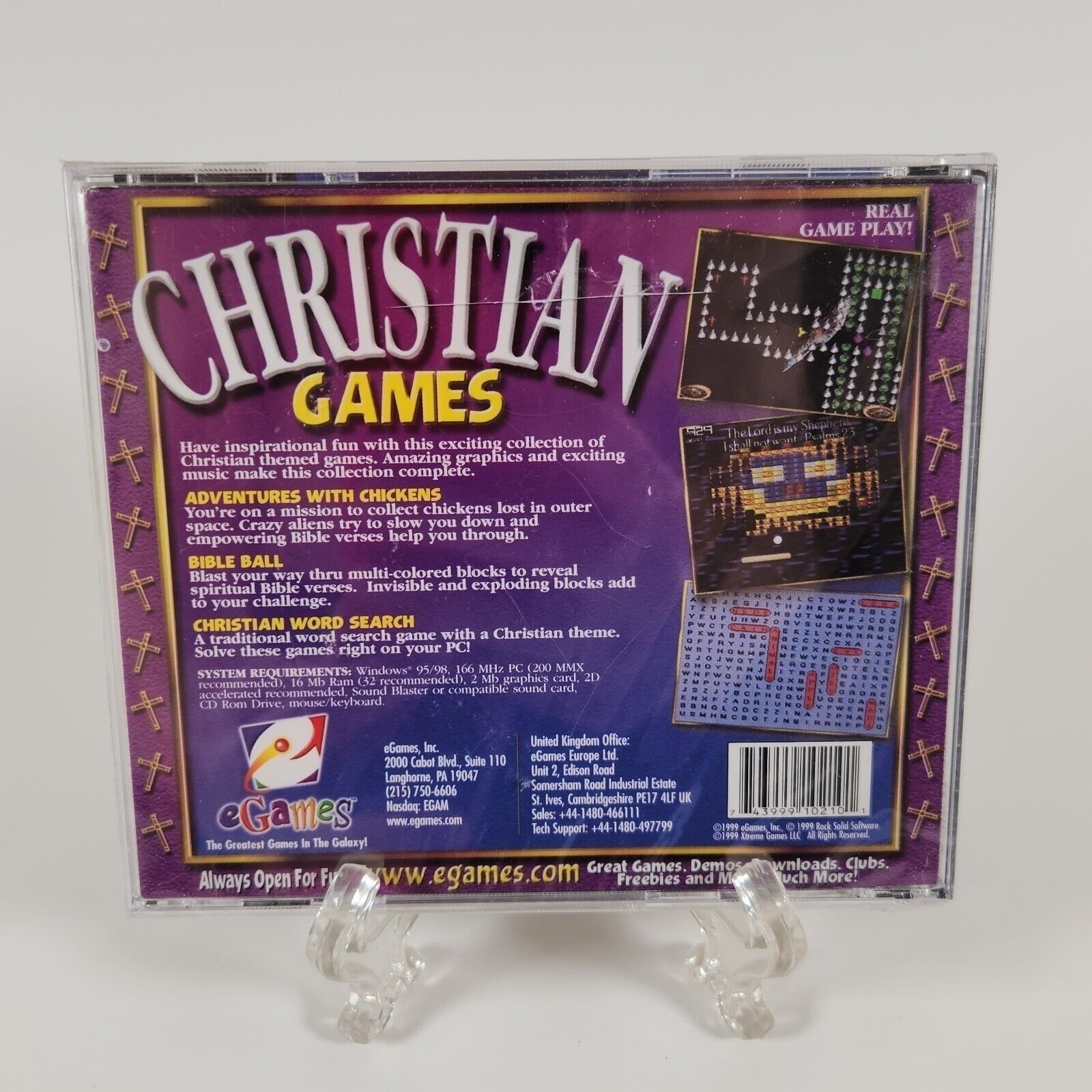 A boxed CD-ROM of "CHRISTIAN GAMES," detailing inspirational themed games, with descriptions and system requirements on the back cover.