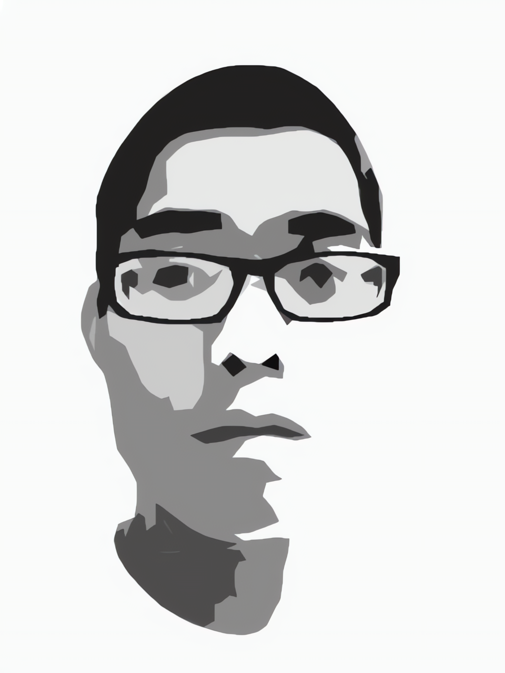 stylized black and white headshot on a white background of miguel a masc filipino man. wearing rectangle glasses. has a neutral expression. has a short hair cut.