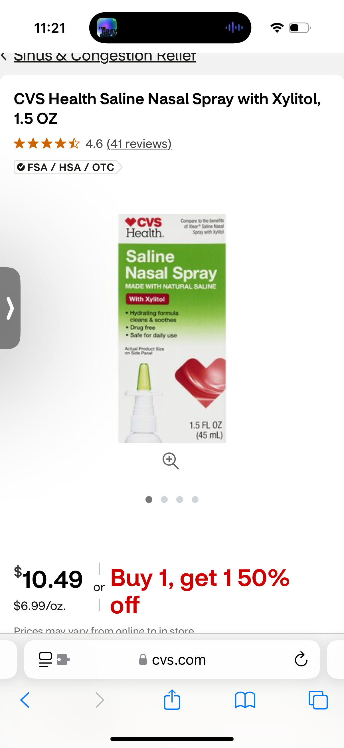 CVS Health Saline Nasal Spray with Xylitol, 1.5 oz bottle. Product has 4.6/5 stars from 41 reviews. Features include hydrating formula, drug-free, safe for daily use. Priced at $10.49 with "Buy 1, get 1 50% off" promotion.​​​​​​​​​​​​​​​​