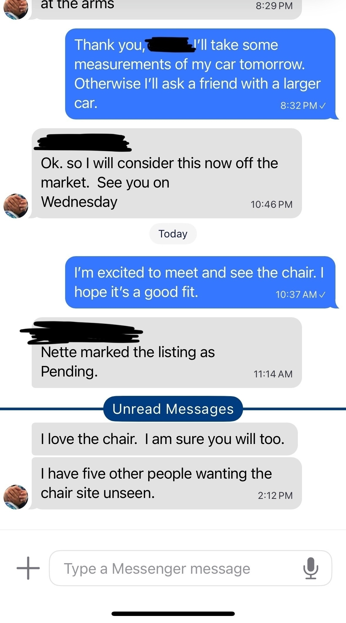 A conversation between two people about buying a chair. The buyer thanks the seller, mentions measuring their car, and arranging for a larger car if needed. The seller takes the chair off the market and sets a meeting for Wednesday. The buyer expresses excitement about the meeting. The seller marks the listing as pending and mentions having five other interested buyers.