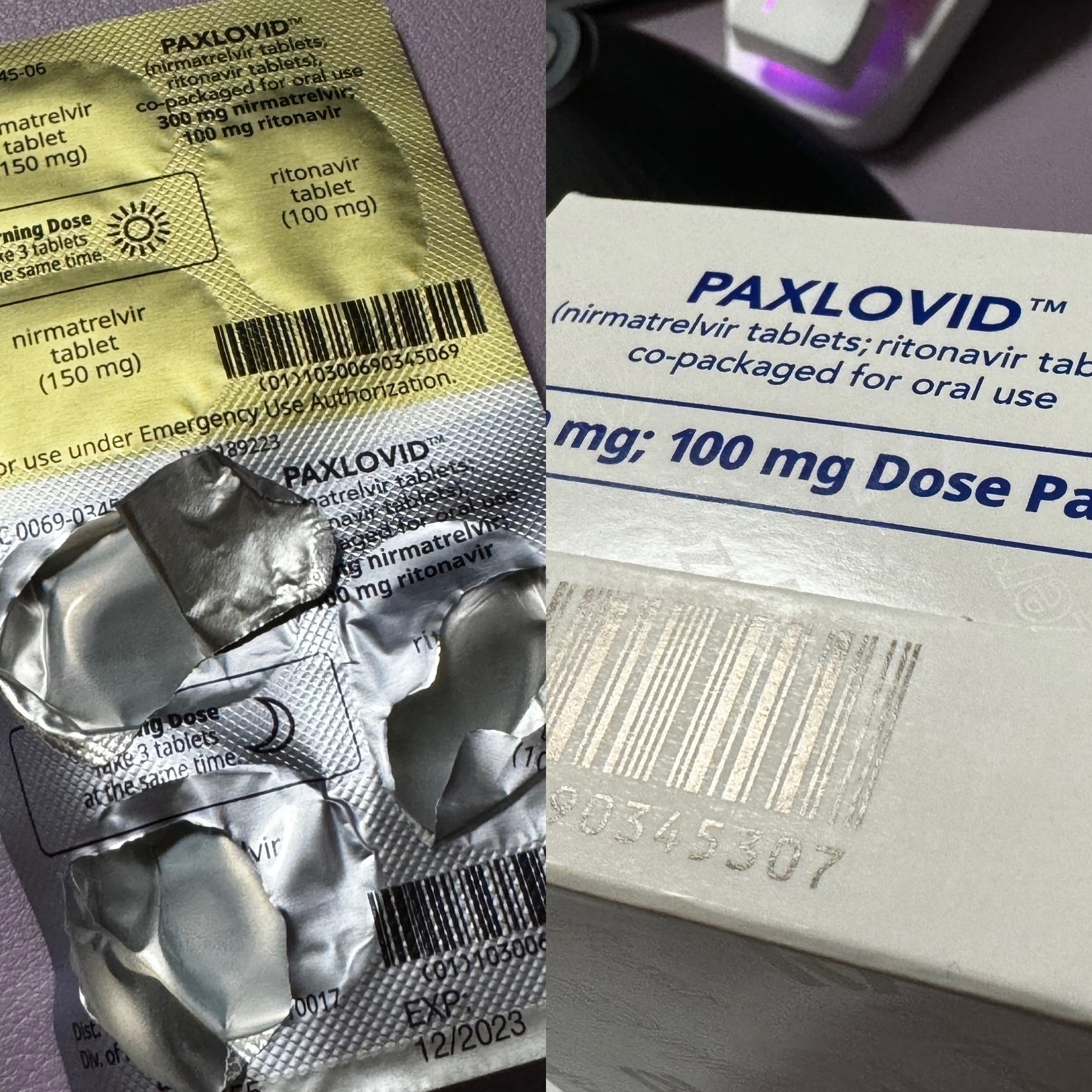 Packaging and a blister pack of Paxlovid medication with some tablets removed, indicating it is for emergency use under authorization.