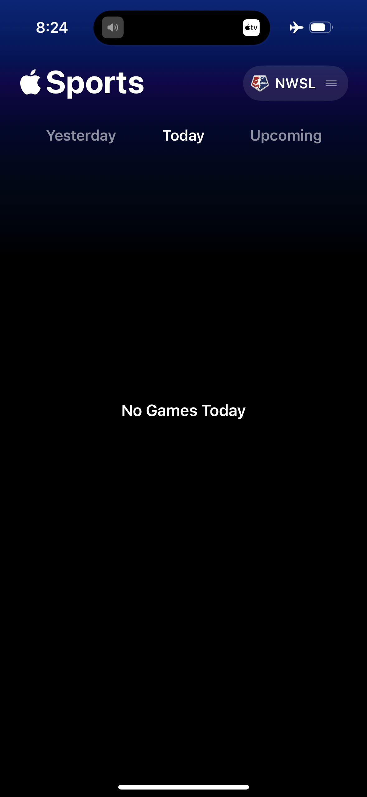  A screenshot of the Apple Sports app on a black background. The app is open to the Sports tab, which shows a list of sports games that are scheduled for today. However, there are no games scheduled for today, so the message "No Games Today" is displayed.