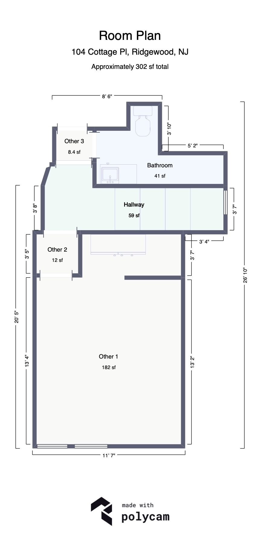 A floor plan of an apartment. The apartment has three rooms, a bathroom, and a hallway. The total area of the apartment is approximately 302 square feet.
