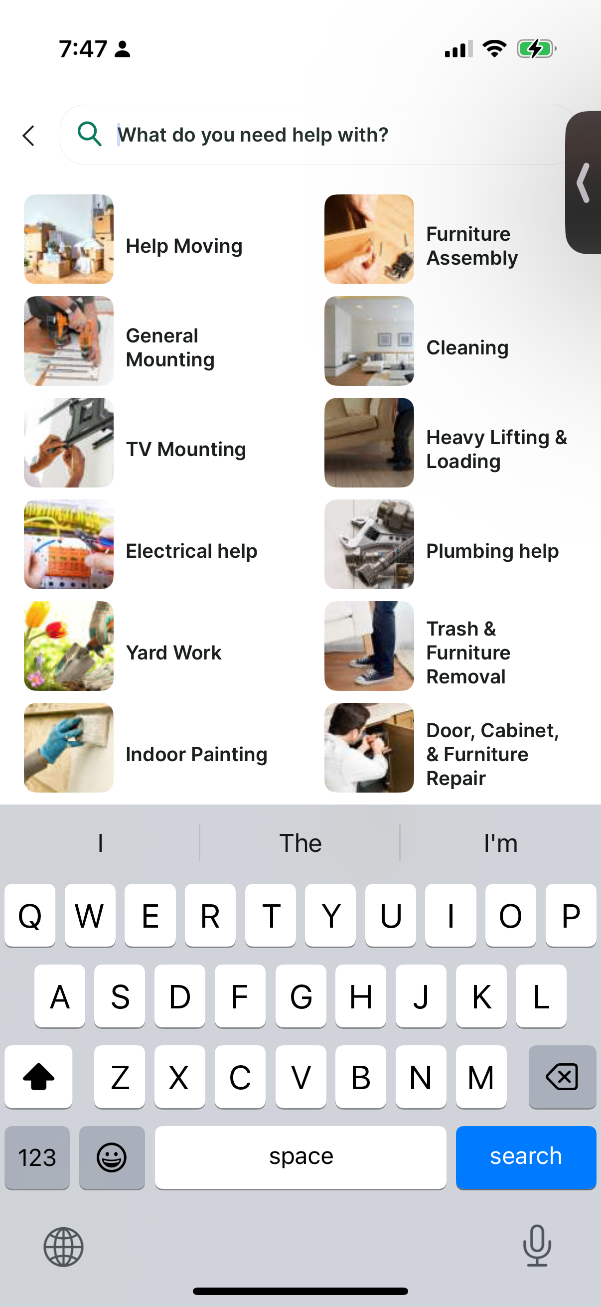 Mobile app interface showing service categories with icons: Help Moving, Furniture Assembly, General Mounting, Cleaning, TV Mounting, Heavy Lifting, Electrical help, Plumbing help, Yard Work, Trash Removal, Indoor Painting, and Cabinet Repair. iPhone keyboard visible below.​​​​​​​​​​​​​​​​