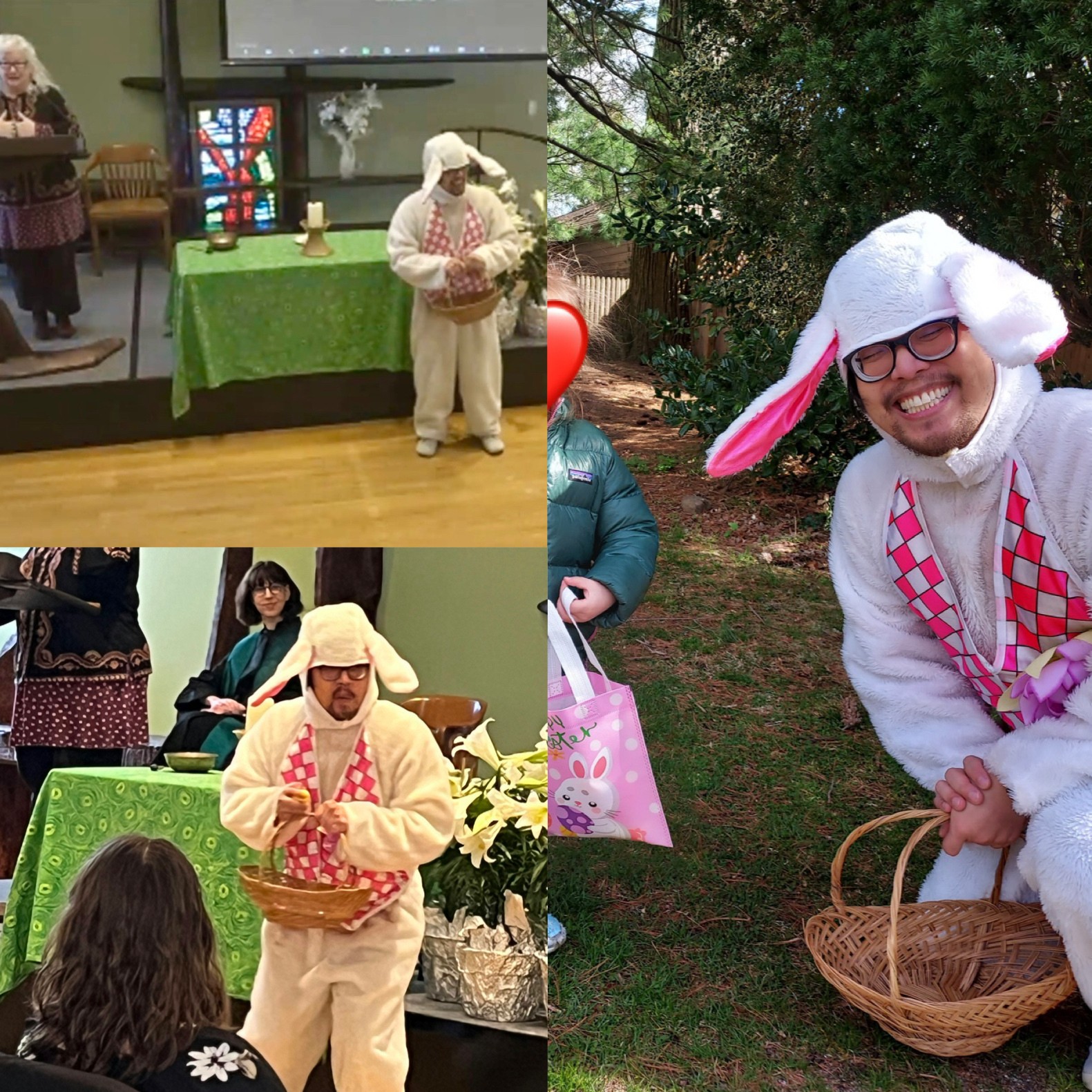 A man dressed in a white bunny costume with glasses is participating in an Easter egg hunt at a Unitarian service