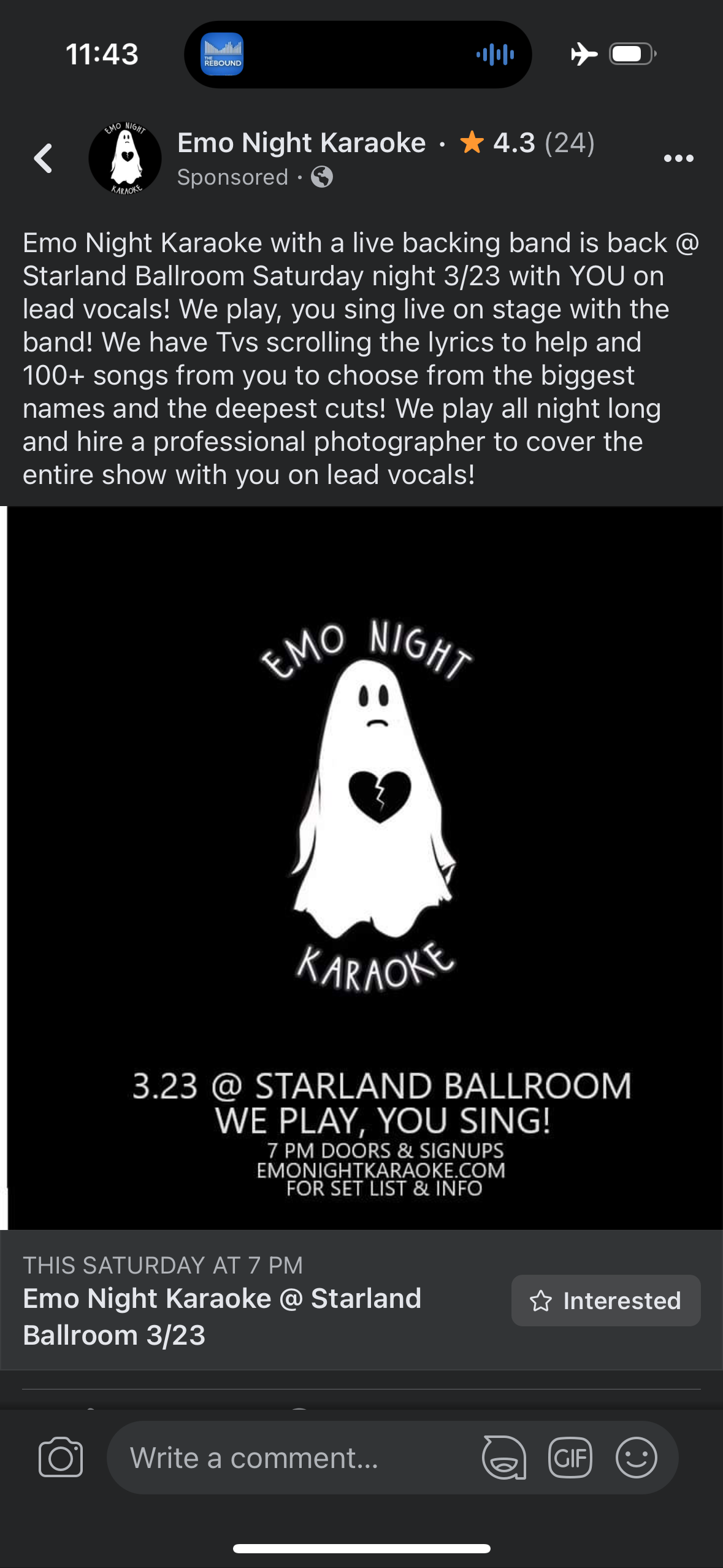 Emo Night Karaoke • *&10;4.3 (24)&10;Sponsored • O&10;•••&10;Emo Night Karaoke with a live backing band is back @ Starland Ballroom Saturday night 3/23 with YOU on lead vocals! We play, you sing live on stage with the band! We have Tvs scrolling the lyrics to help and 100+ songs from you to choose from the biggest names and the deepest cuts! We play all night long and hire a professional photographer to cover the entire show with you on lead vocals!&10;«MO NIGHT&10;KARAOKE&10;3.23 @ STARLAND BALLROOM&10;WE PLAY, YOU SING!&10;7 PM DOORS & SIGNUPS&10;EMONIGHTKARAOKE.COM&10;FOR SET LIST & INFO&10;THIS SATURDAY AT 7 PM&10;Emo Night Karaoke @ Starland&10;Ballroom 3/23&10;★ Interested