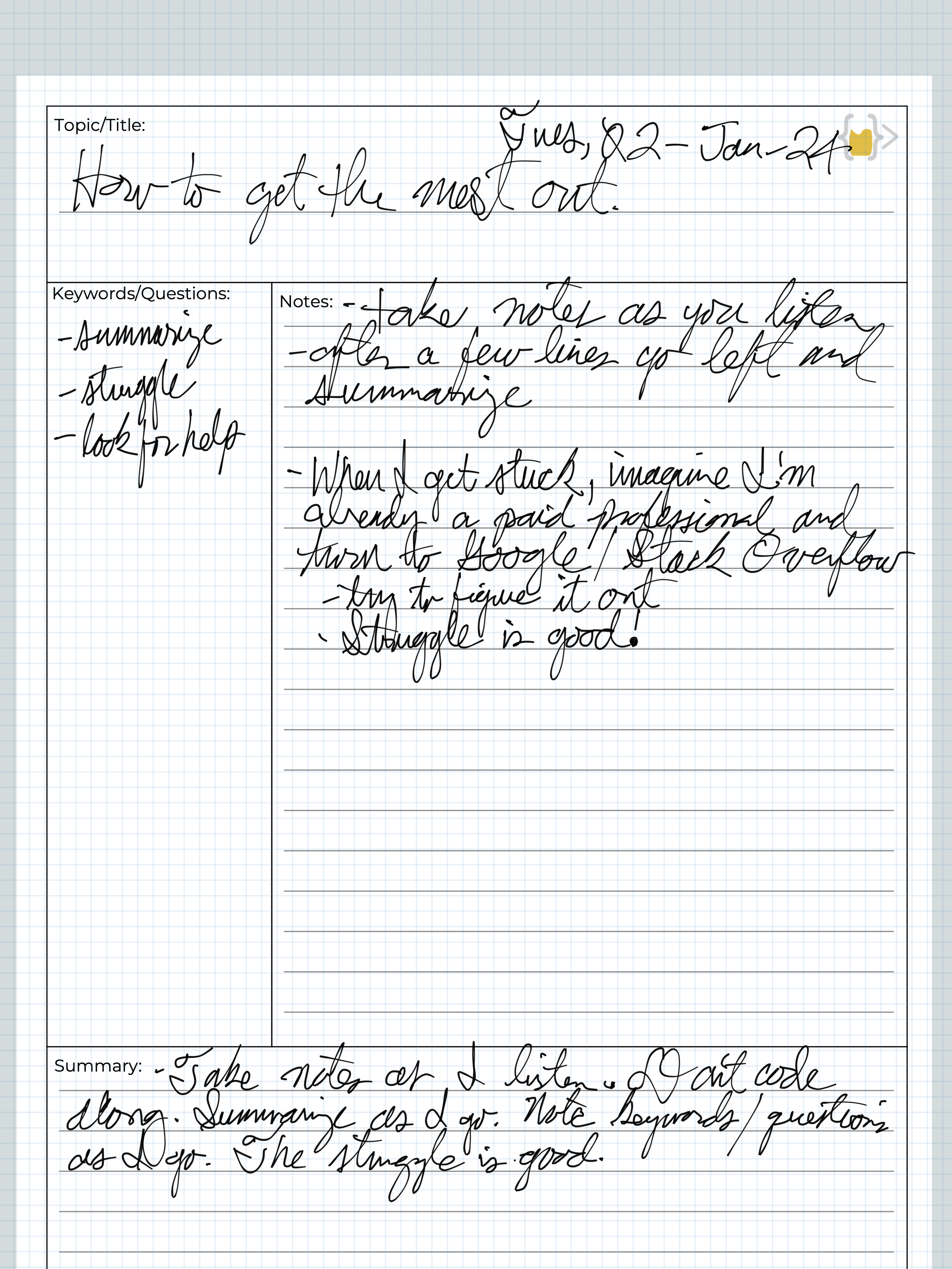 Handwritten notes on gridded paper with the title "How to get the most out" and points about summarizing, struggling, and looking for help along with other reflections on learning and overcoming difficulties. A date is written at the top