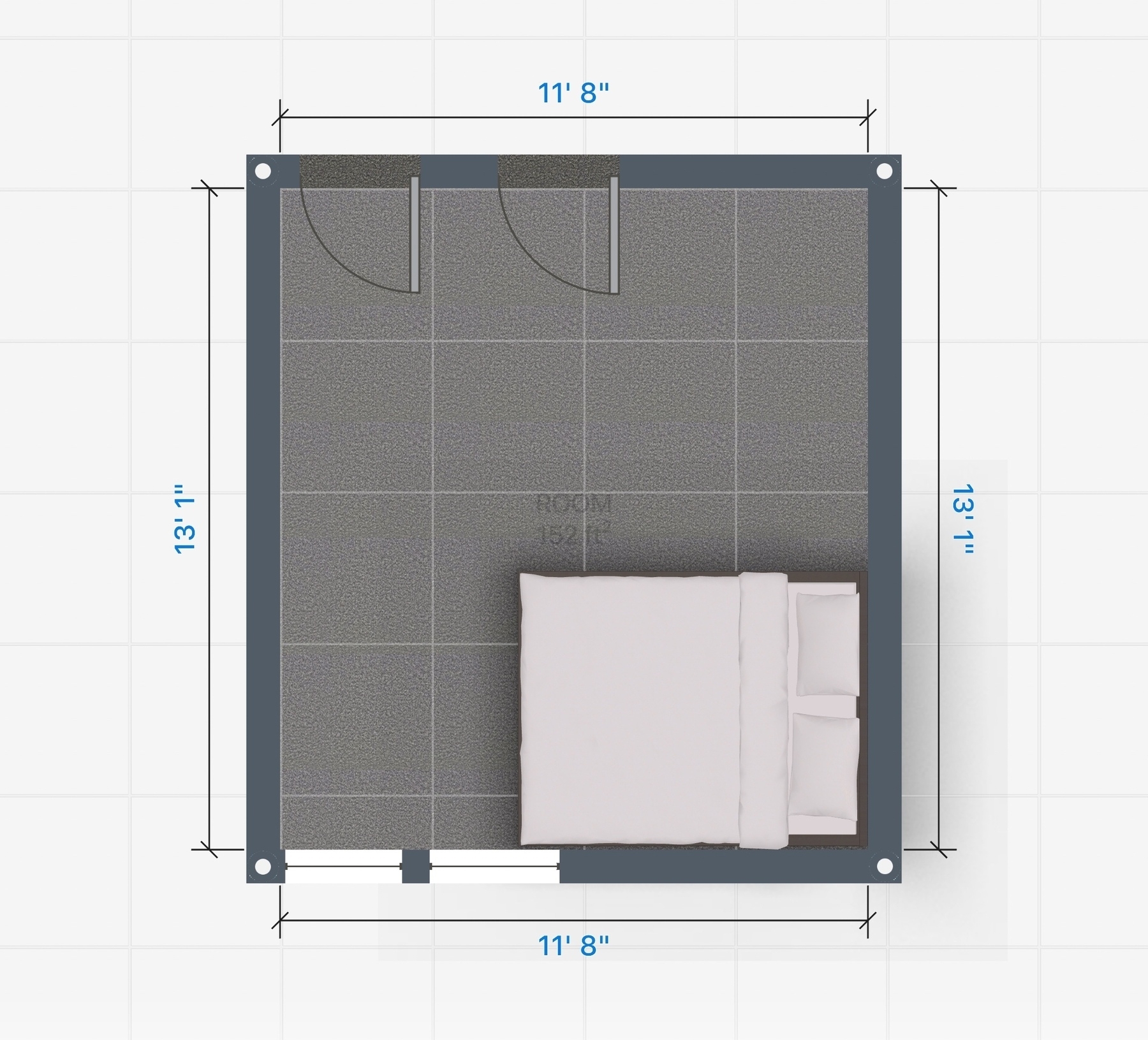 image of a room layout. the room is 11’8” by 13’1” there is a bed in the bottom right corner.