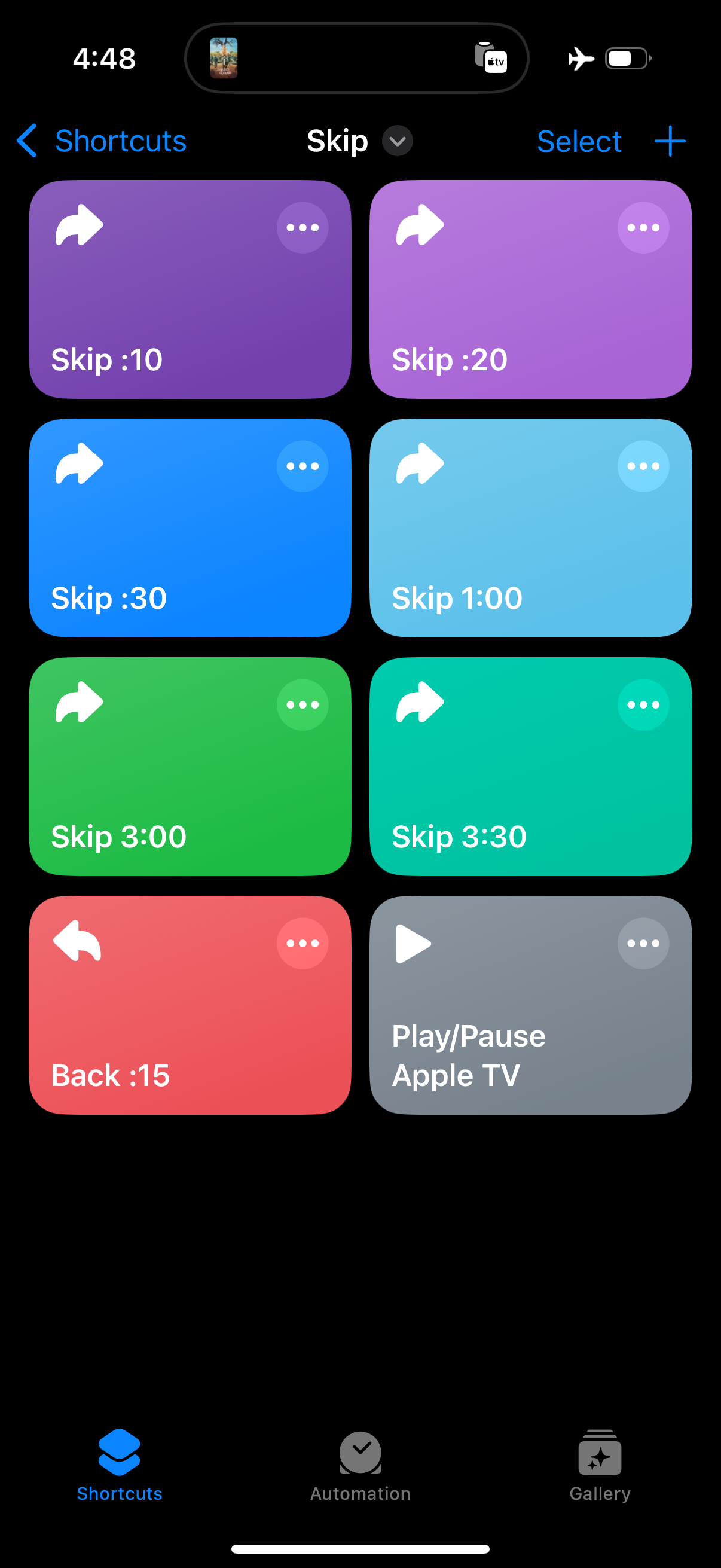 A grid of colorful shortcut buttons on a smartphone screen displays options for skipping or moving back in time, and controlling Apple TV playback.