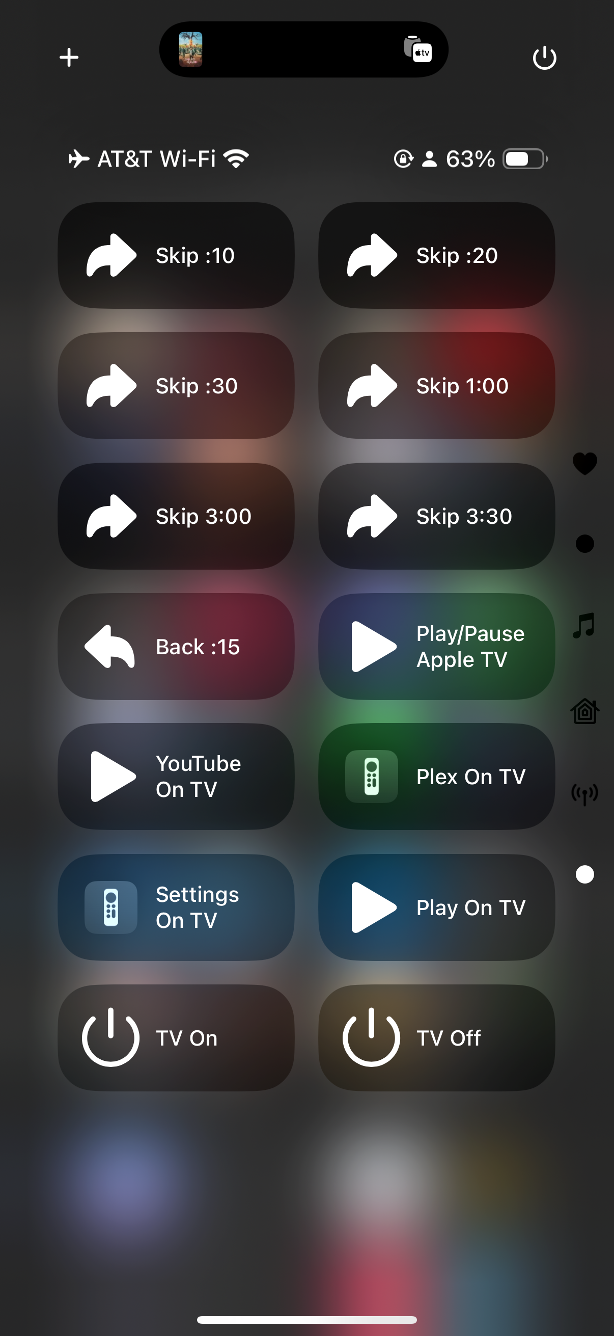 A control center interface displays various playback and TV control options, including skip, back, play, YouTube, and power settings.