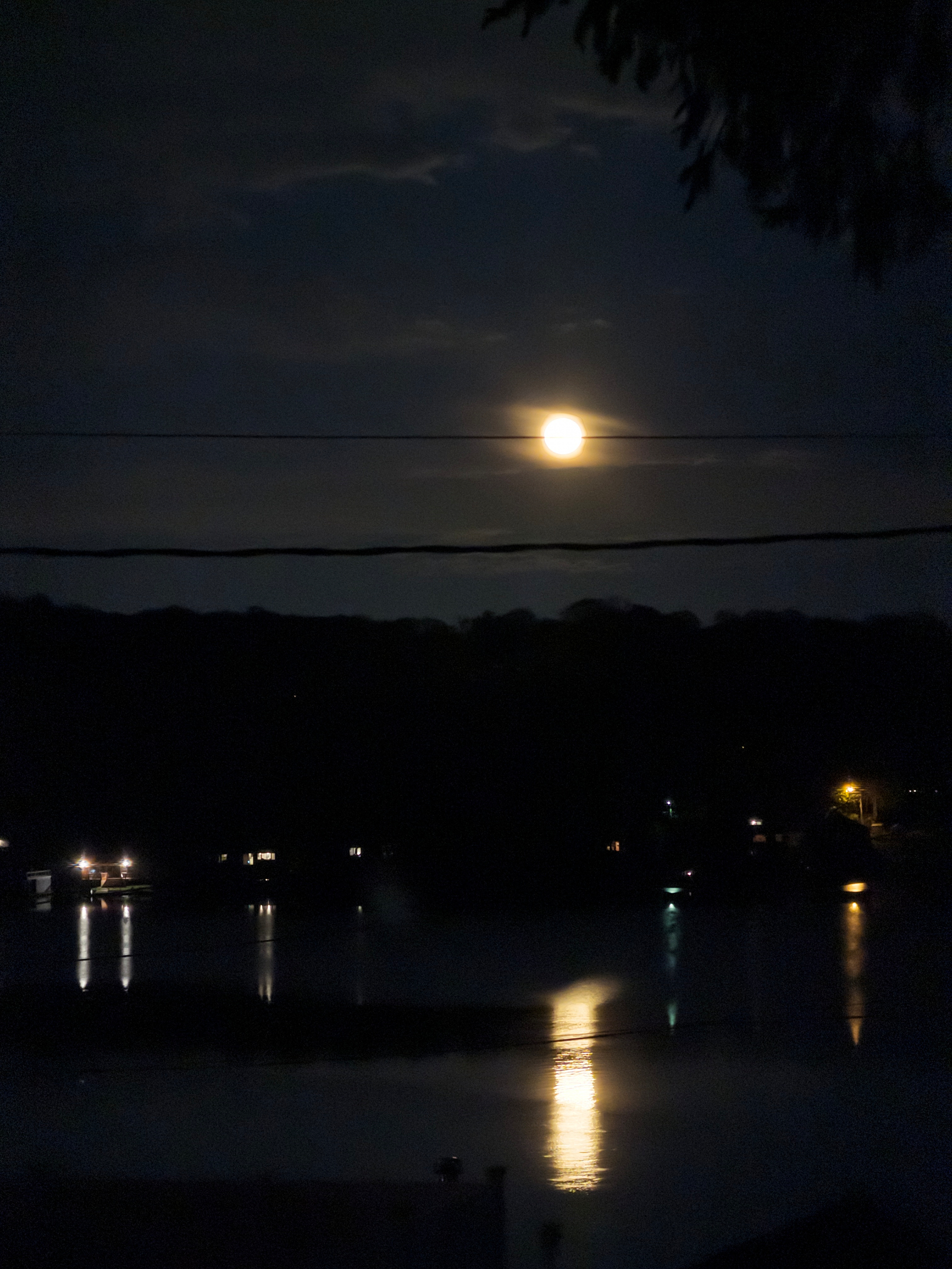 A full moon illuminates a dark night sky, reflecting off a calm body of water with silhouettes of trees and faint lights from distant buildings.