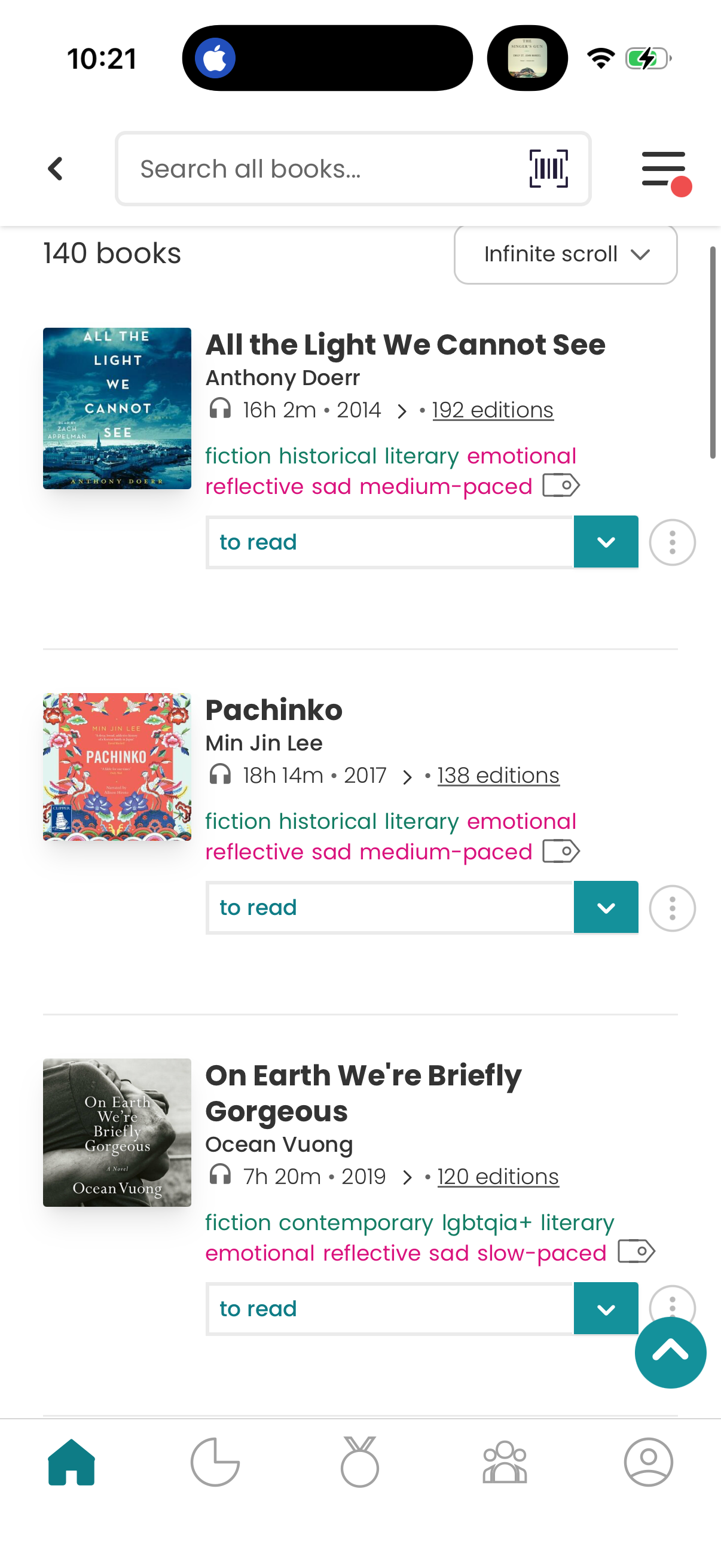 A digital library interface displays three book entries, including All the Light We Cannot See by Anthony Doerr, Pachinko by Min Jin Lee, and On Earth We're Briefly Gorgeous by Ocean Vuong, each with details such as ratings, genres, and reading time.