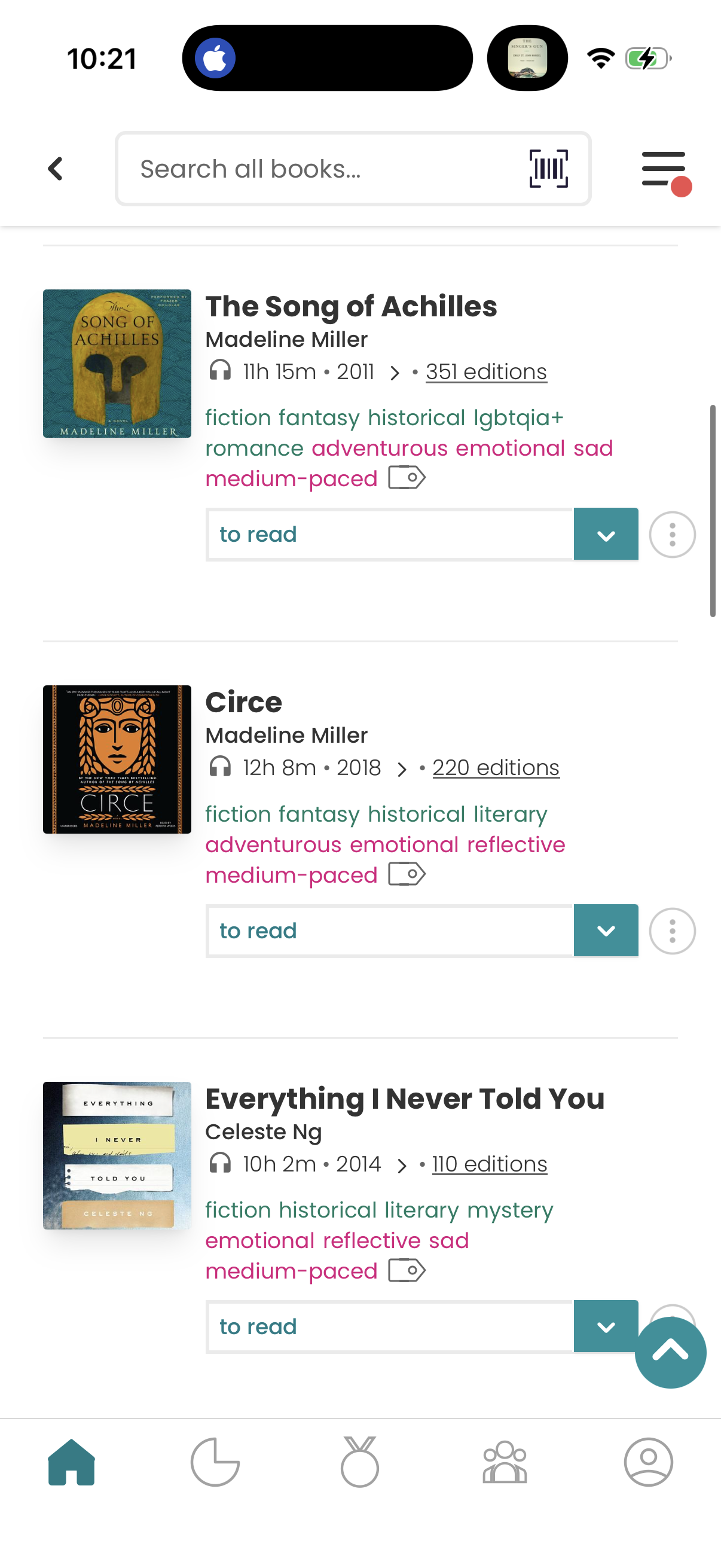 An online book catalog displays three books with their titles, authors, durations, genres, and pace, featuring The Song of Achilles&10;Madeline Miller&10;~ IIh 15m • 2011 > ° 35| editions fiction fantasy historical Igbtqiat romance adventurous emotional sad medium-paced&10;to read&10;60 0&10;ČÍRCE&10;Circe&10;Madeline Miller&10;~ 12h 8m • 2018 › • 220 editions fiction fantasy historical literary adventurous emotional reflective medium-paced L°&10;to read&10;V&10;Everything I Never Told You&10;Celeste Ng&10;~ 10h 2m • 2014 › • 110 editions